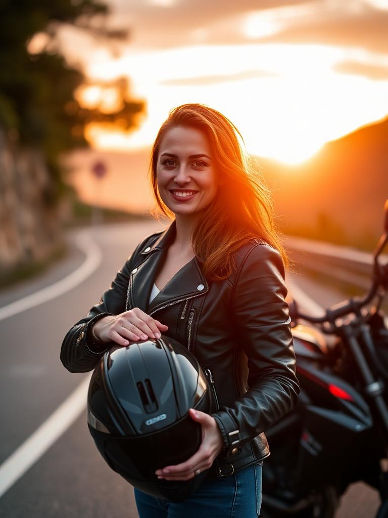 Motarde souriante casque à la main au coucher du soleil